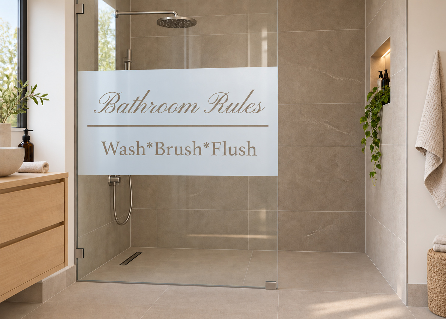 Gesneden matglasfolie Bathroom Rules op doucheglas met vrije instap, met heldere uitsneden.