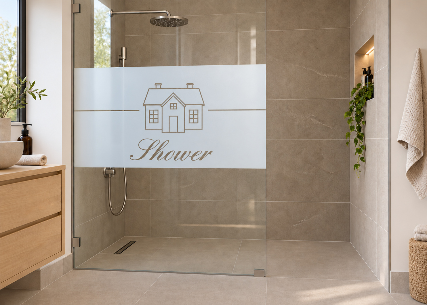 Gesneden matglasfolie Home Shower op doucheglas met vrije instap, met heldere uitsneden.