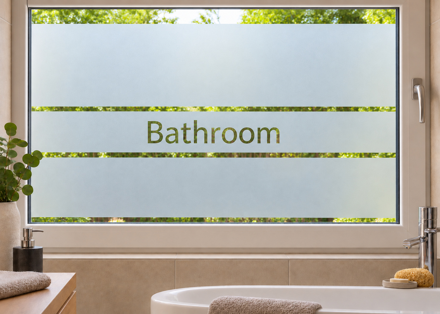 Gesneden matglasfolie Strepen Bathroom op een badkamerraam, met heldere uitsneden.