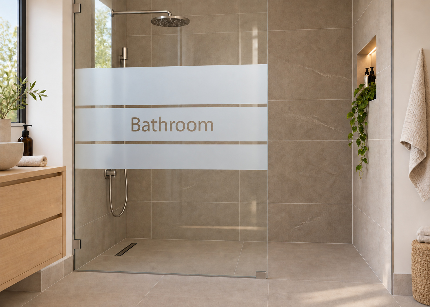 Gesneden matglasfolie Strepen Bathroom op doucheglas met vrije instap, met heldere uitsneden.