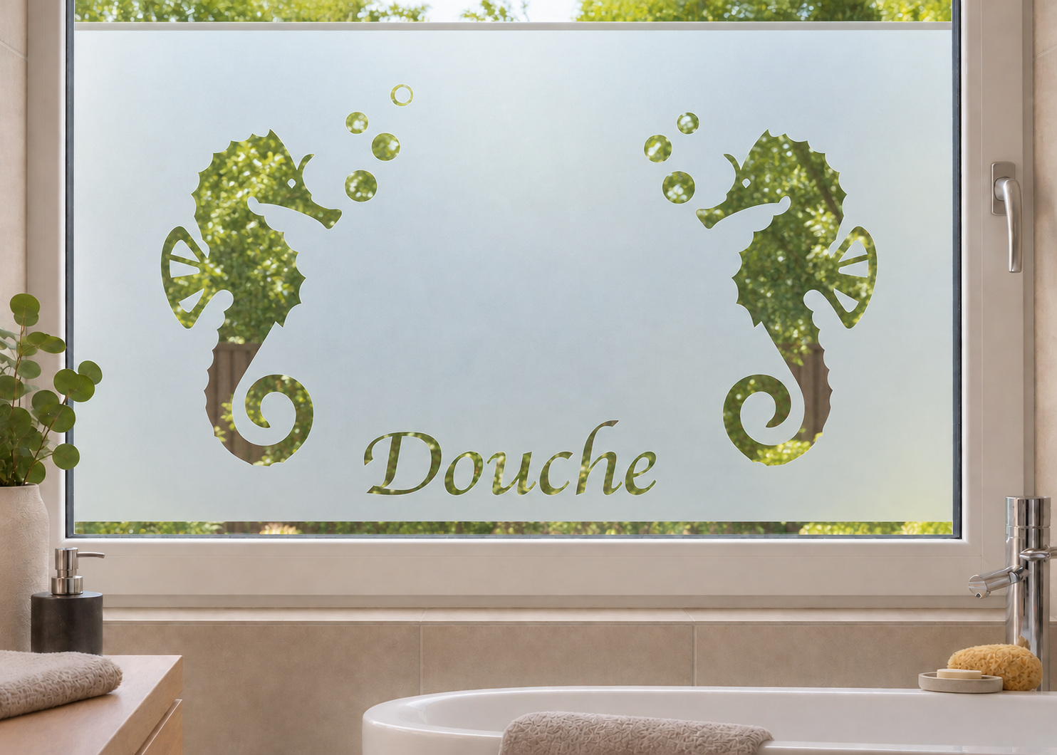 Gesneden matglasfolie Zeepaardjes Douche op een badkamerraam, met heldere uitsneden.