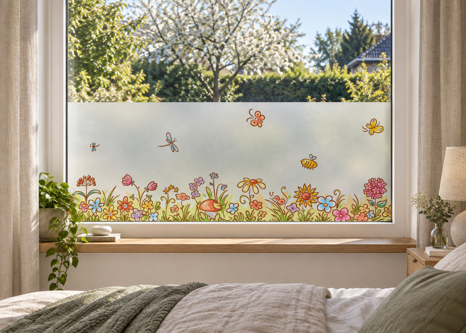 Matglasfolie met bloemen en insecten, horizontaal aangebracht boven de vensterbank in een slaapkamerraam; ontwerp RFH006B.