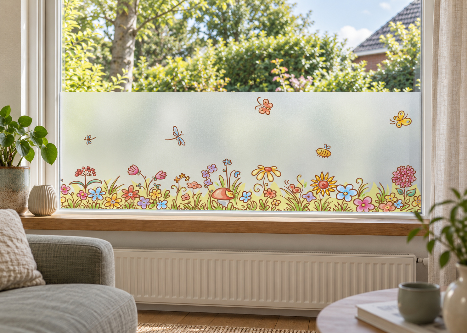 Matglasfolie met bloemen en insecten, horizontaal aangebracht boven de vensterbank in een woonkamerraam; ontwerp RFH006B.