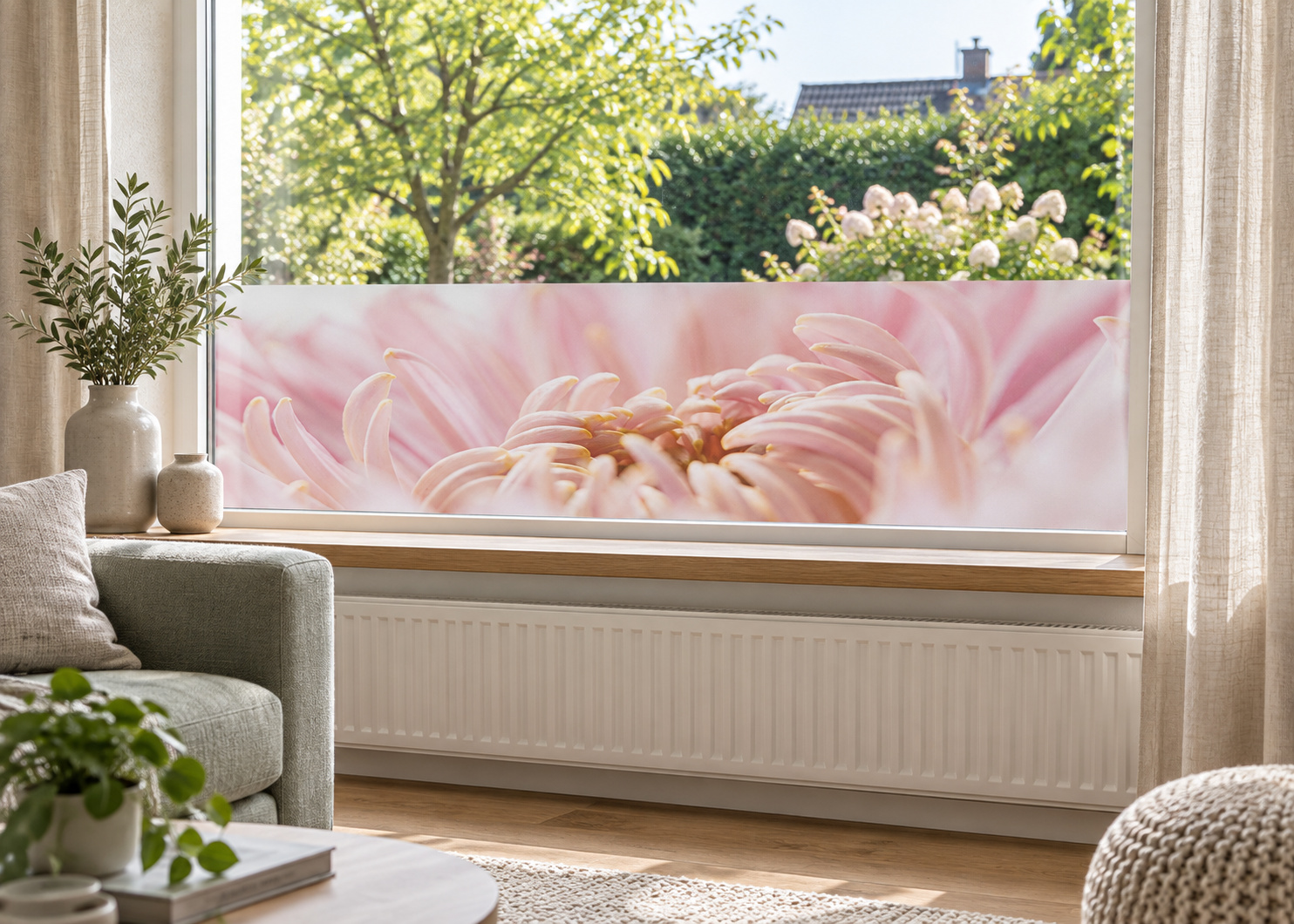 Matglasfolie met een roze chrysant, horizontaal aangebracht boven de vensterbank in een woonkamerraam; ontwerp RFH001B.