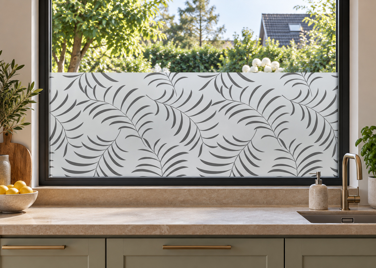 Matglasfolie met elegante bladeren, horizontaal aangebracht boven het aanrecht in een keukenraam; ontwerp RFH008B.