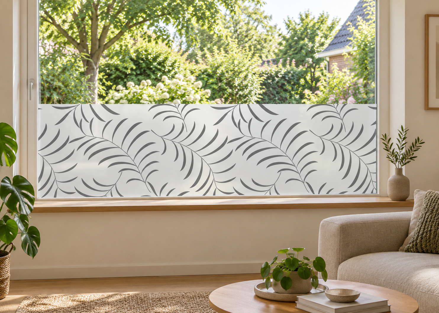 Matglasfolie met elegante bladeren, horizontaal aangebracht boven de vensterbank in een woonkamerraam; ontwerp RFH008B.