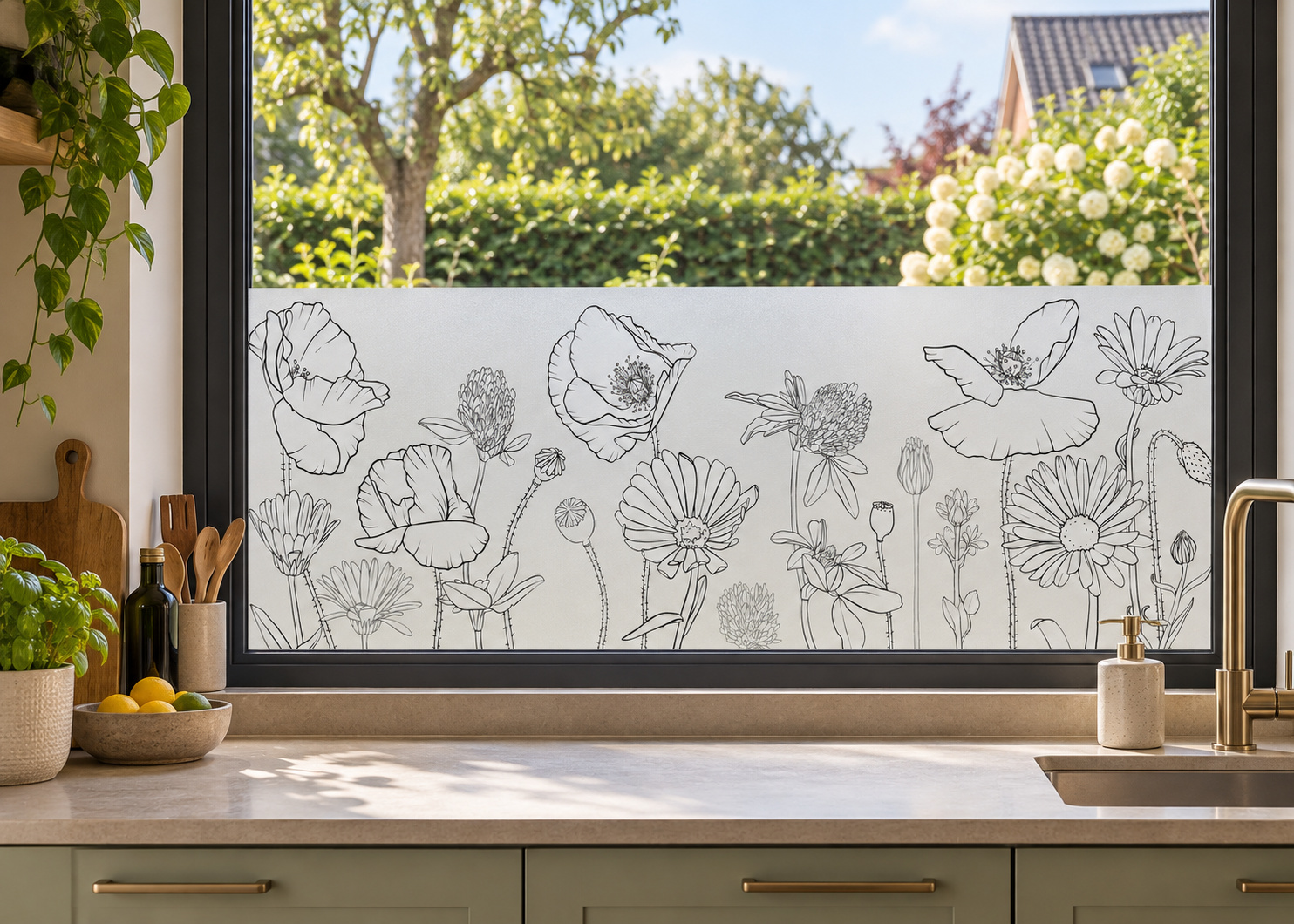 Matglasfolie met fijn getekende bloemen, horizontaal aangebracht boven het aanrecht in een keukenraam; ontwerp RFH010B.