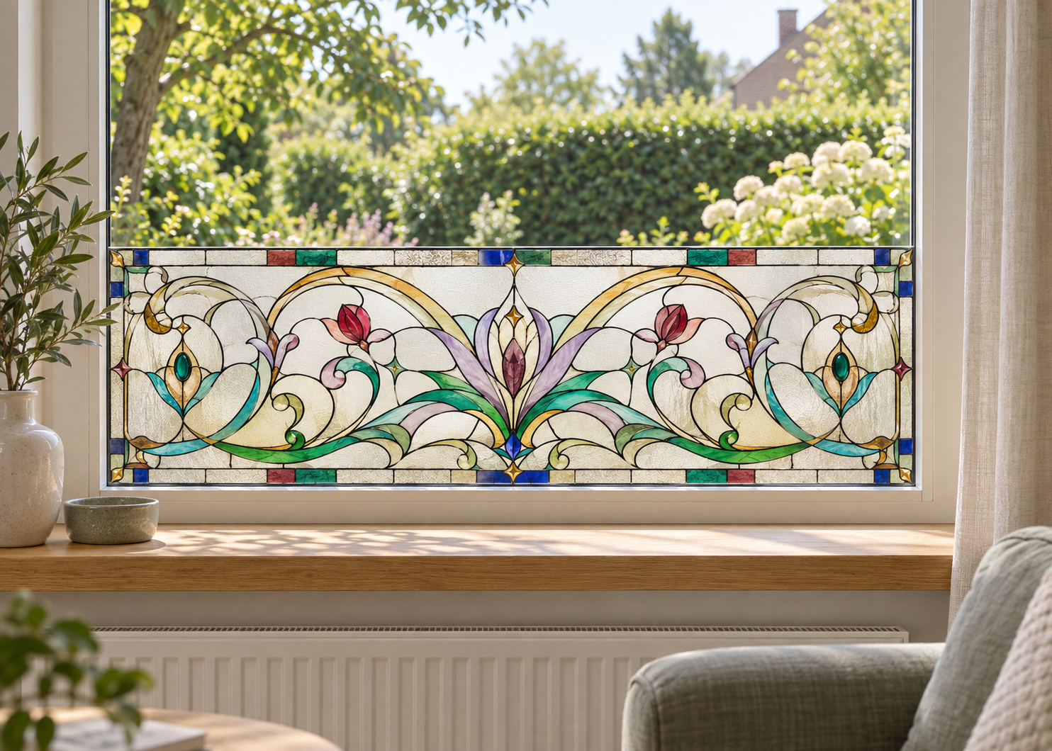 Matglasfolie met een glas-in-lood bloemmotief, horizontaal aangebracht boven de vensterbank in een woonkamerraam; ontwerp RFH020.