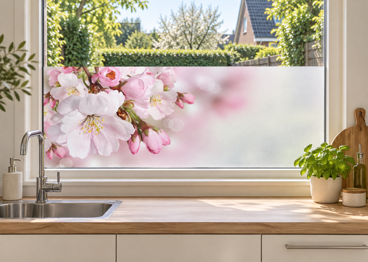 Matglasfolie met roze kersenbloesem, horizontaal aangebracht boven het aanrecht in een keukenraam; ontwerp RFH004B.