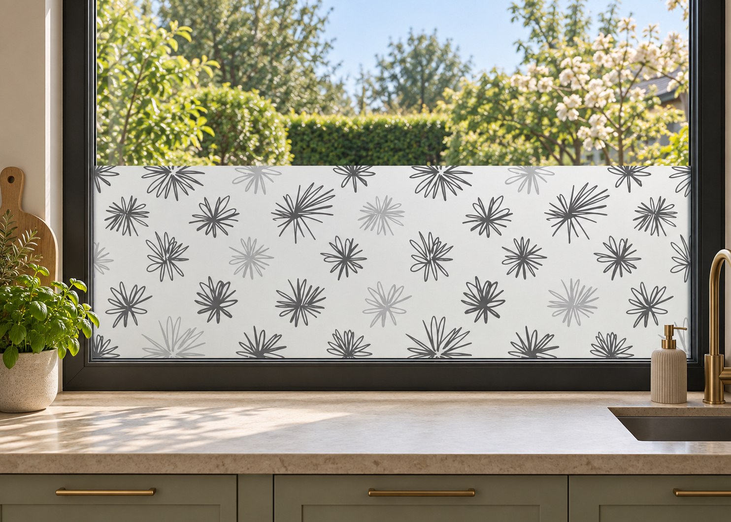 Matglasfolie met speelse bloemen, horizontaal aangebracht boven het aanrecht in een keukenraam; ontwerp RFH014B.