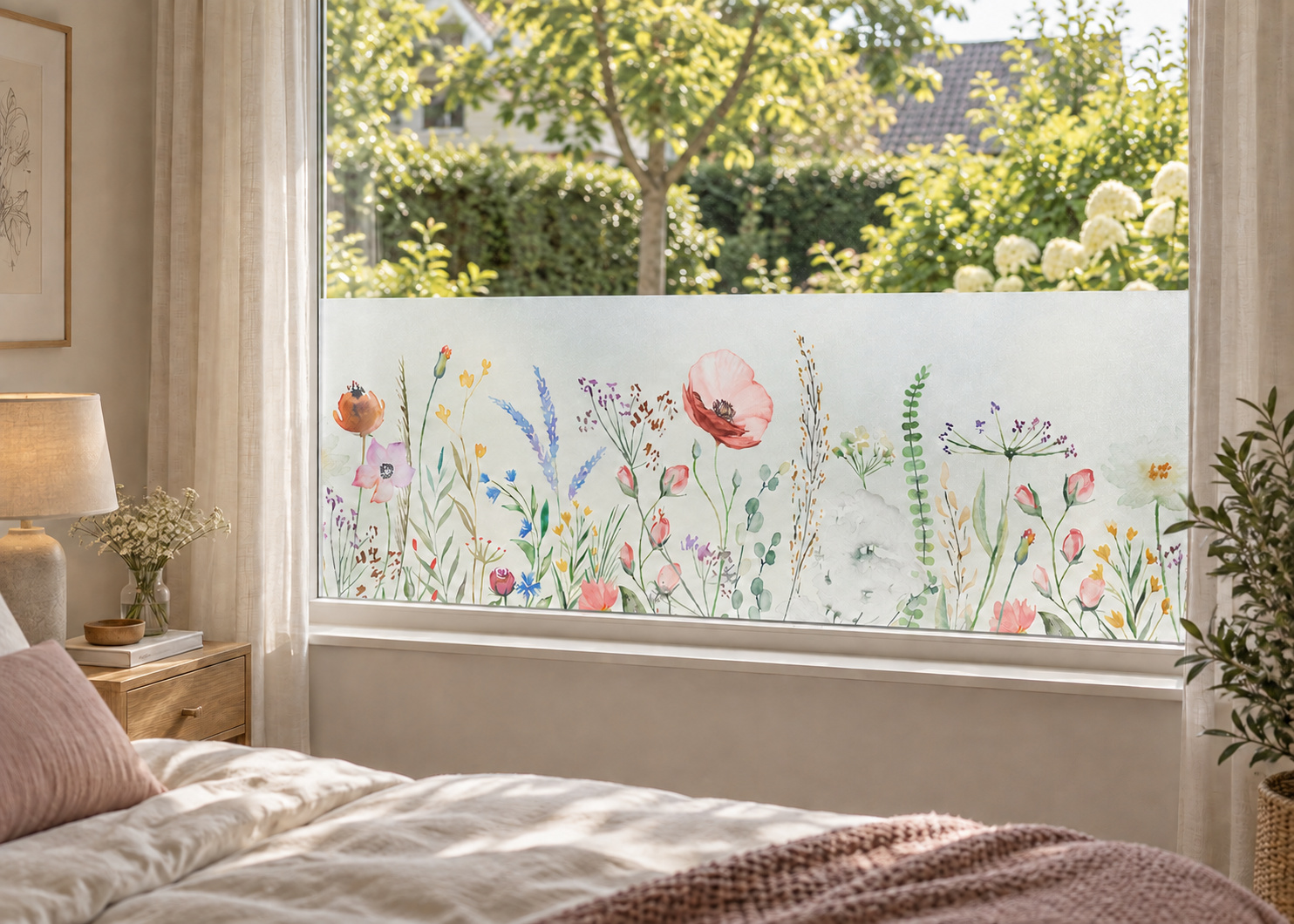 Matglasfolie met een vrolijk bloemenveld, horizontaal aangebracht boven de vensterbank in een slaapkamerraam; ontwerp RFH019B.