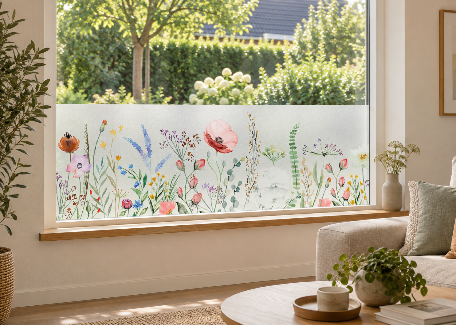 Matglasfolie met een vrolijk bloemenveld, horizontaal aangebracht boven de vensterbank in een woonkamerraam; ontwerp RFH019B.