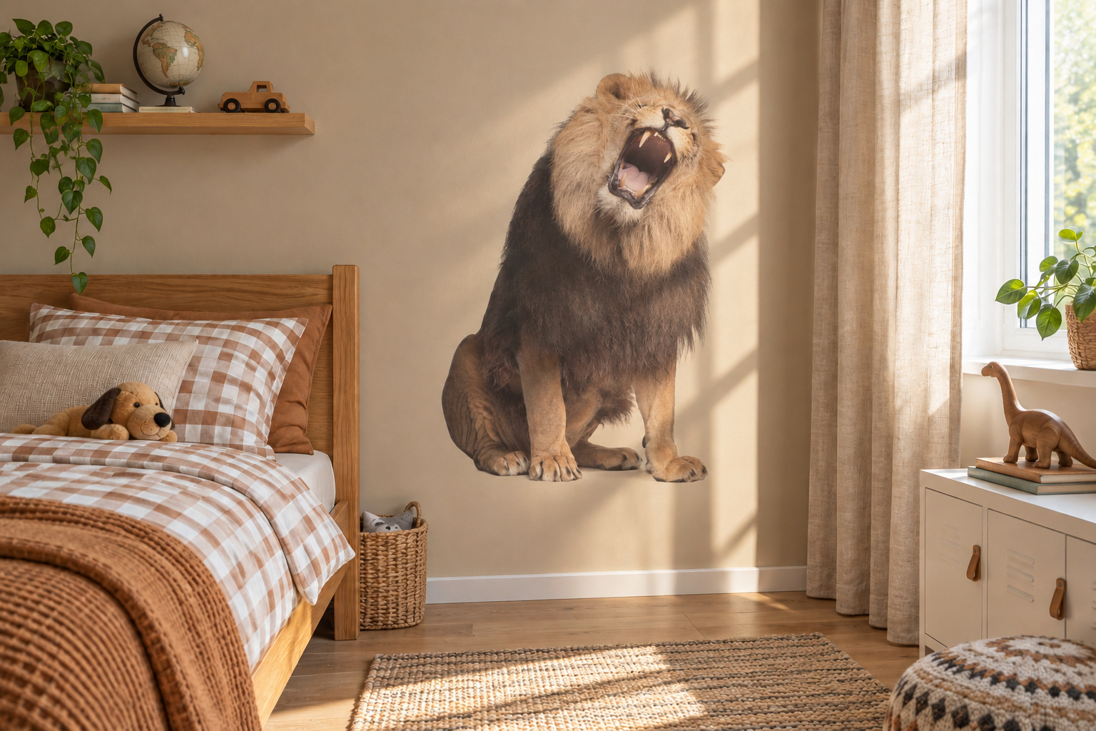 Muursticker brullende leeuw, in de vorm van het dier uitgesneden en zonder witte rand, op een zandkleurige muur in een kinderkamer met houten meubels.