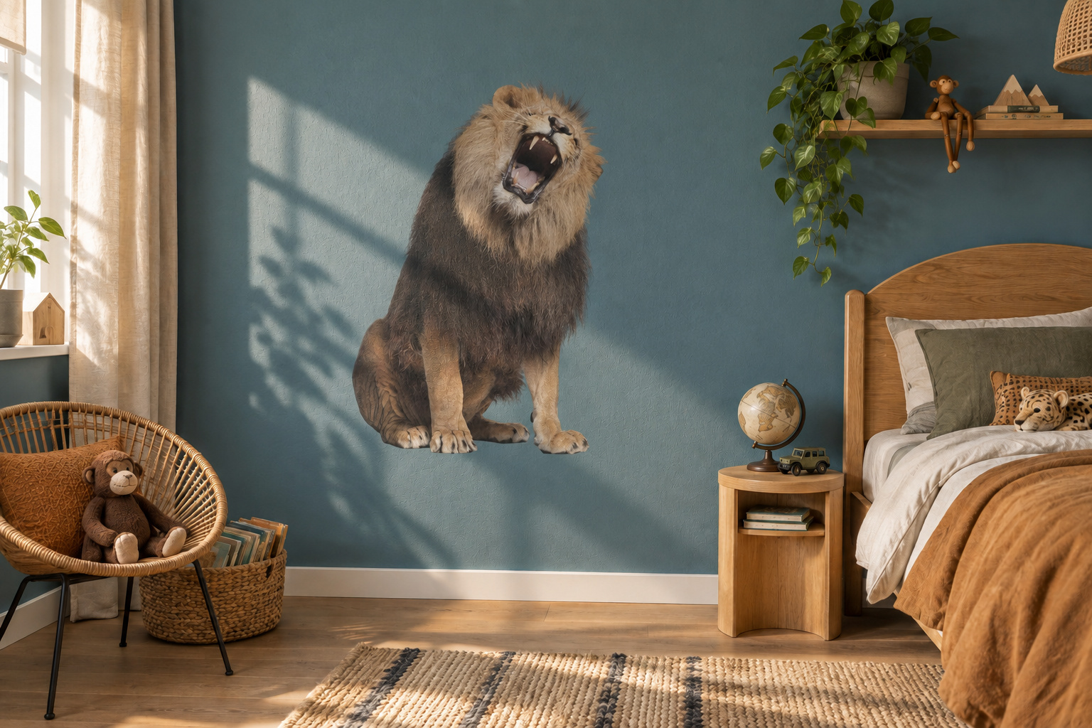 Muursticker brullende leeuw, in de vorm van het dier uitgesneden en zonder witte rand, op een petrolblauwe muur in een kinderkamer met houten meubels.