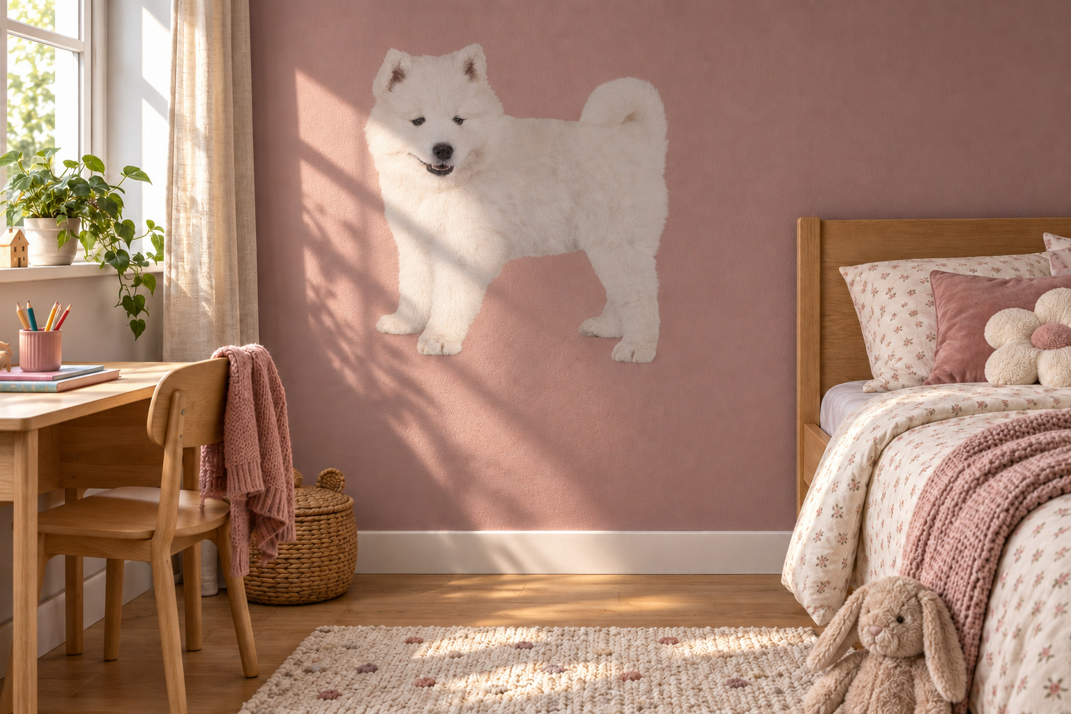 Muursticker donzig wit hondje, in de vorm van het dier uitgesneden en zonder witte rand, op een mauvekleurige muur in een kinderkamer met houten meubels.