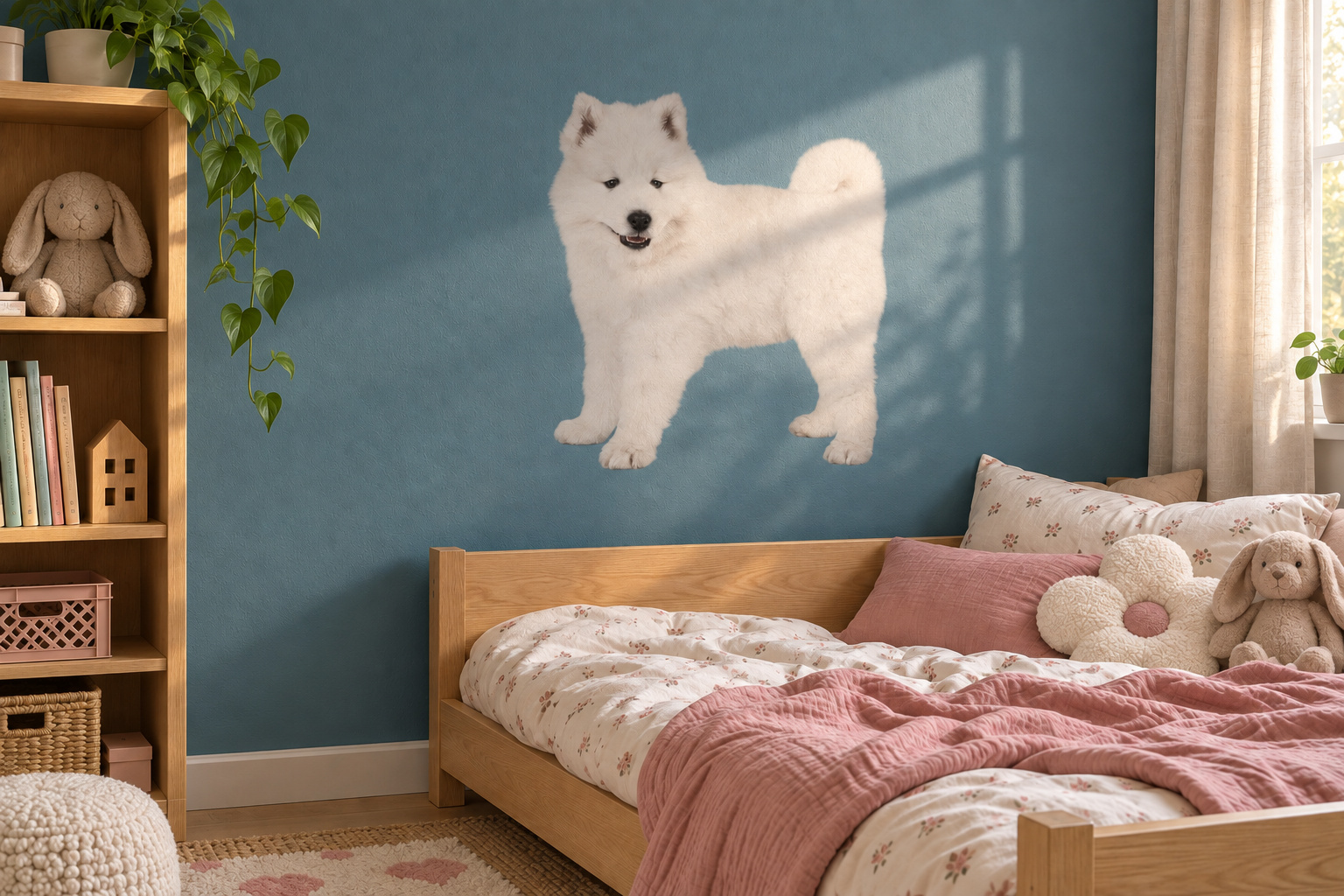 Muursticker donzig wit hondje, in de vorm van het dier uitgesneden en zonder witte rand, op een petrolblauwe muur in een kinderkamer met houten meubels.