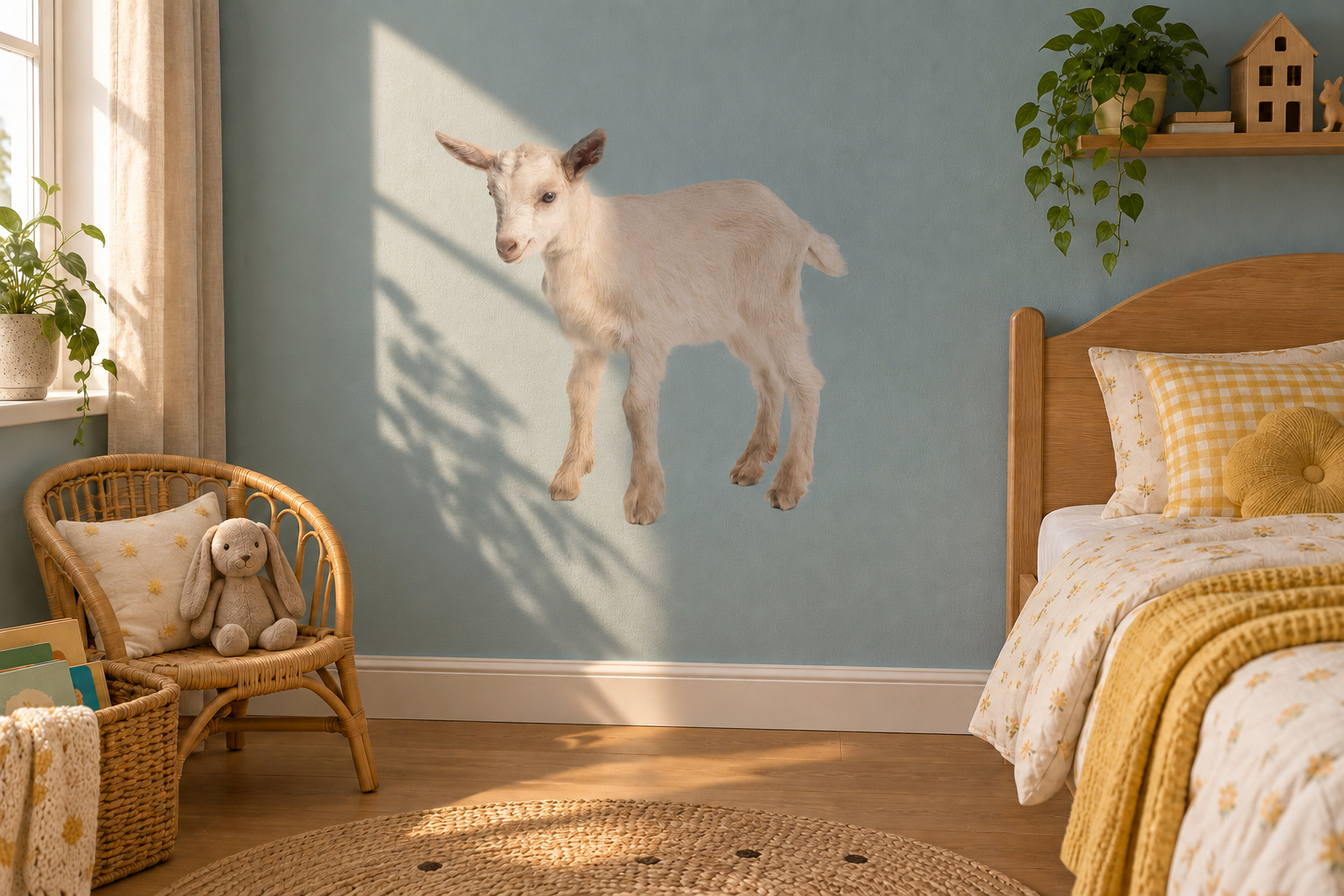 Muursticker klein geitje, in de vorm van het dier uitgesneden en zonder witte rand, op een lichtblauwe muur in een kinderkamer met houten meubels.