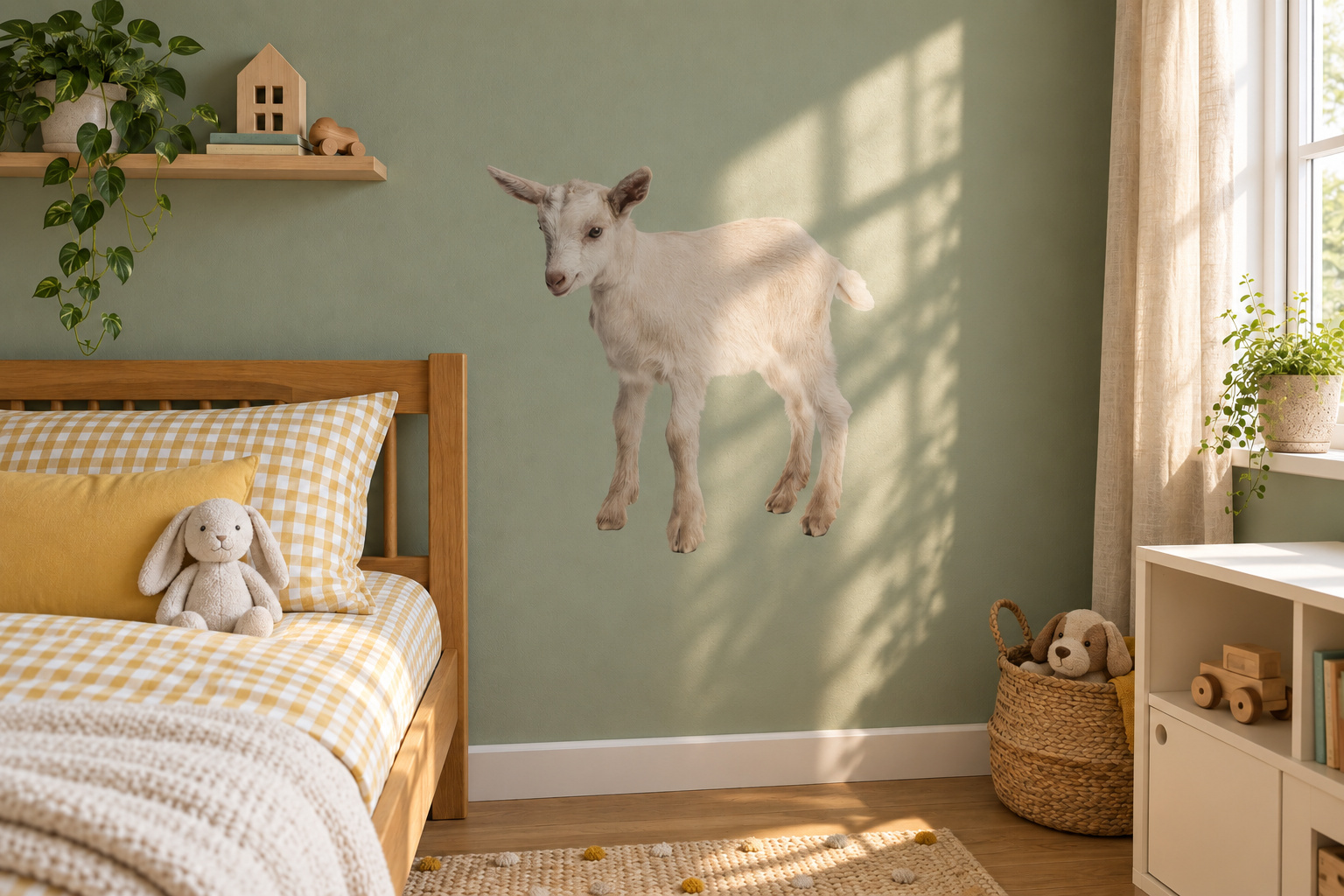 Muursticker klein geitje, in de vorm van het dier uitgesneden en zonder witte rand, op een saliegroene muur in een kinderkamer met houten meubels.