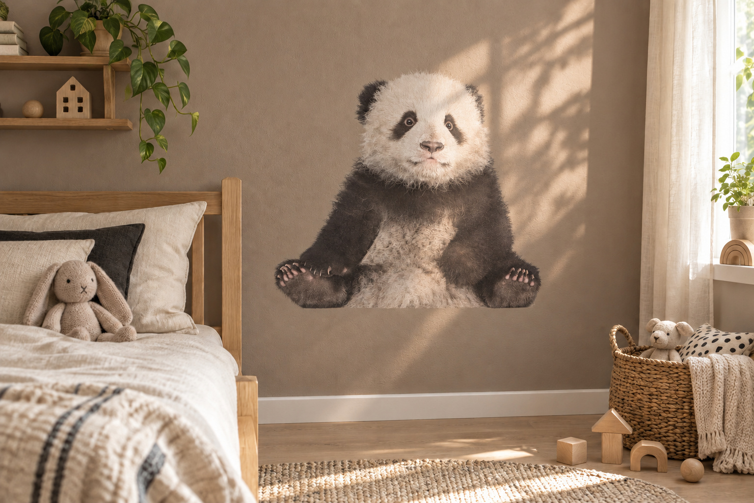 Muursticker kleine panda, in de vorm van het dier uitgesneden en zonder witte rand, op een taupekleurige muur in een kinderkamer met houten meubels.