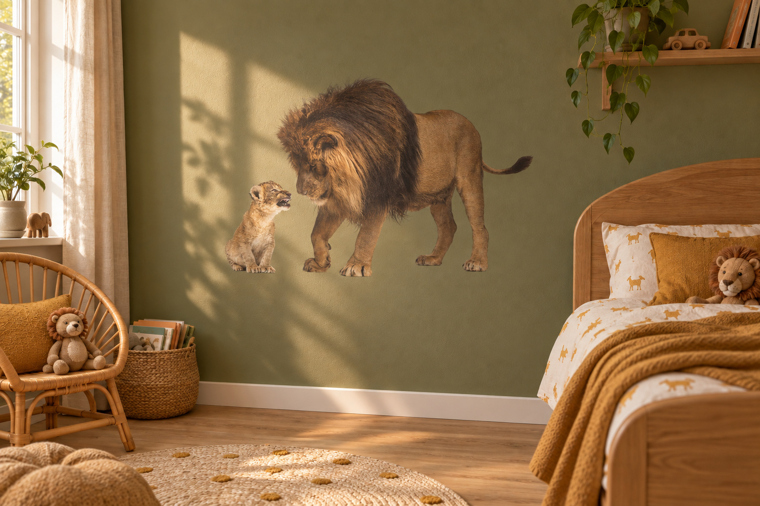 Muursticker Leeuw en Welpje, in de vorm van het dier uitgesneden en zonder witte rand, op een olijfgroene muur in een kinderkamer met houten meubels.