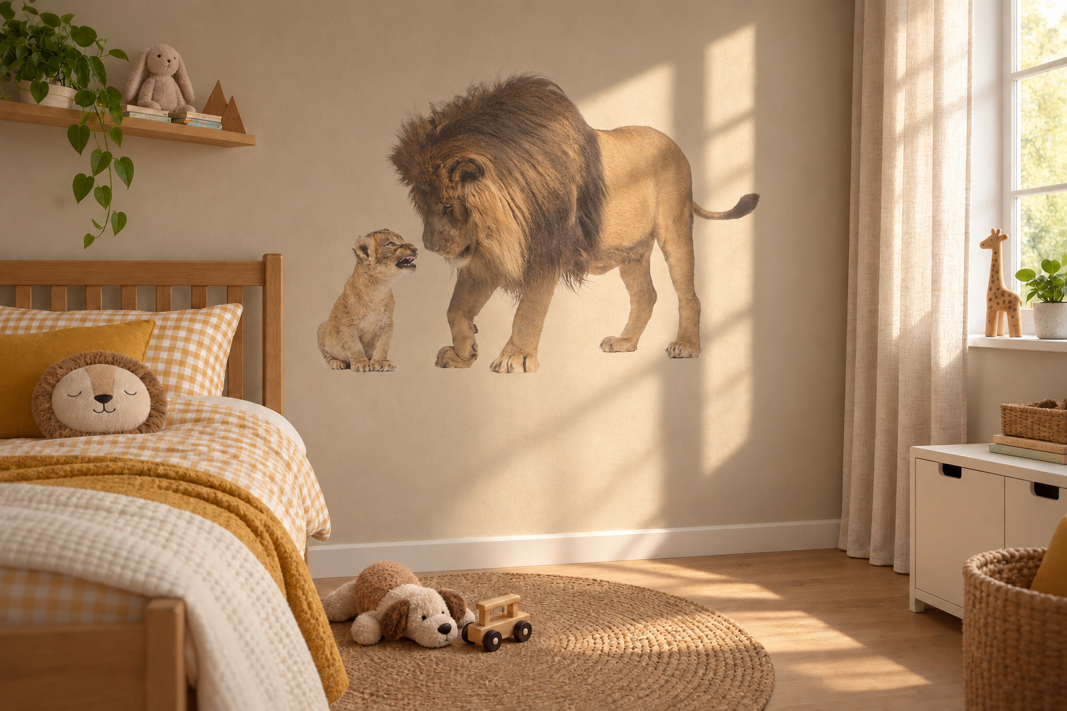 Muursticker Leeuw en Welpje, in de vorm van het dier uitgesneden en zonder witte rand, op een kleibeige muur in een kinderkamer met houten meubels.