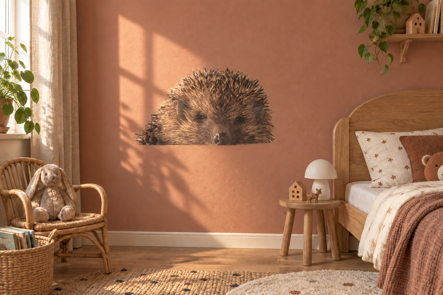 Muursticker lief egeltje, in de vorm van het dier uitgesneden en zonder witte rand, op een terracottakleurige muur in een kinderkamer met houten meubels.