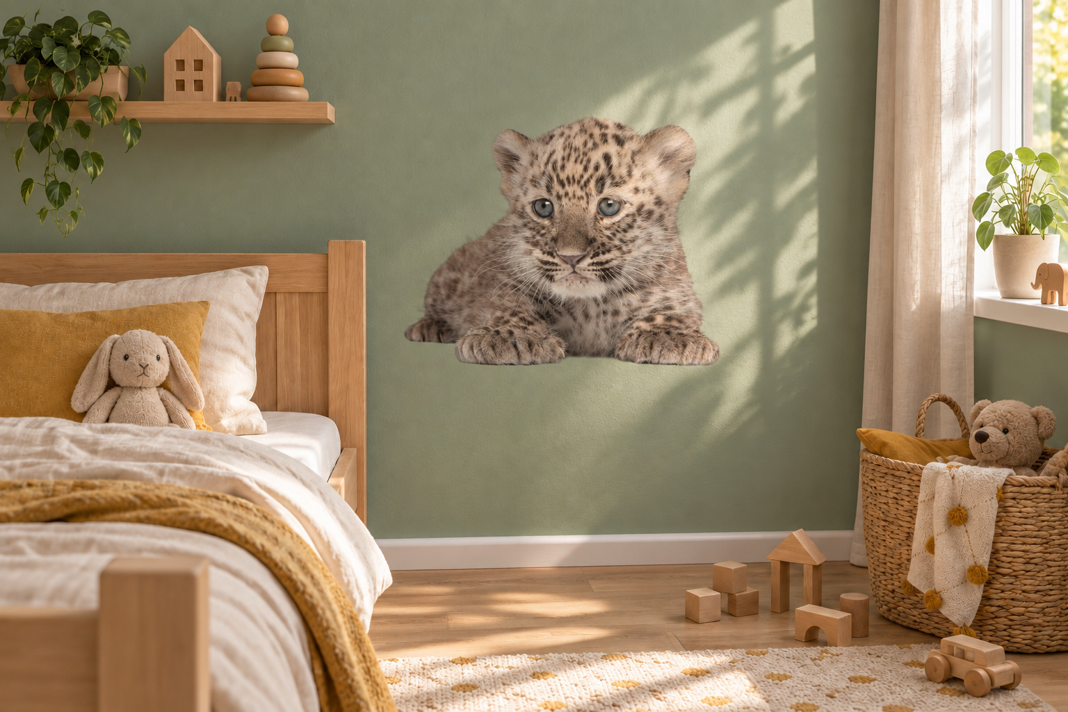 Muursticker lief luipaard welpje, in de vorm van het dier uitgesneden en zonder witte rand, op een saliegroene muur in een kinderkamer met houten meubels.