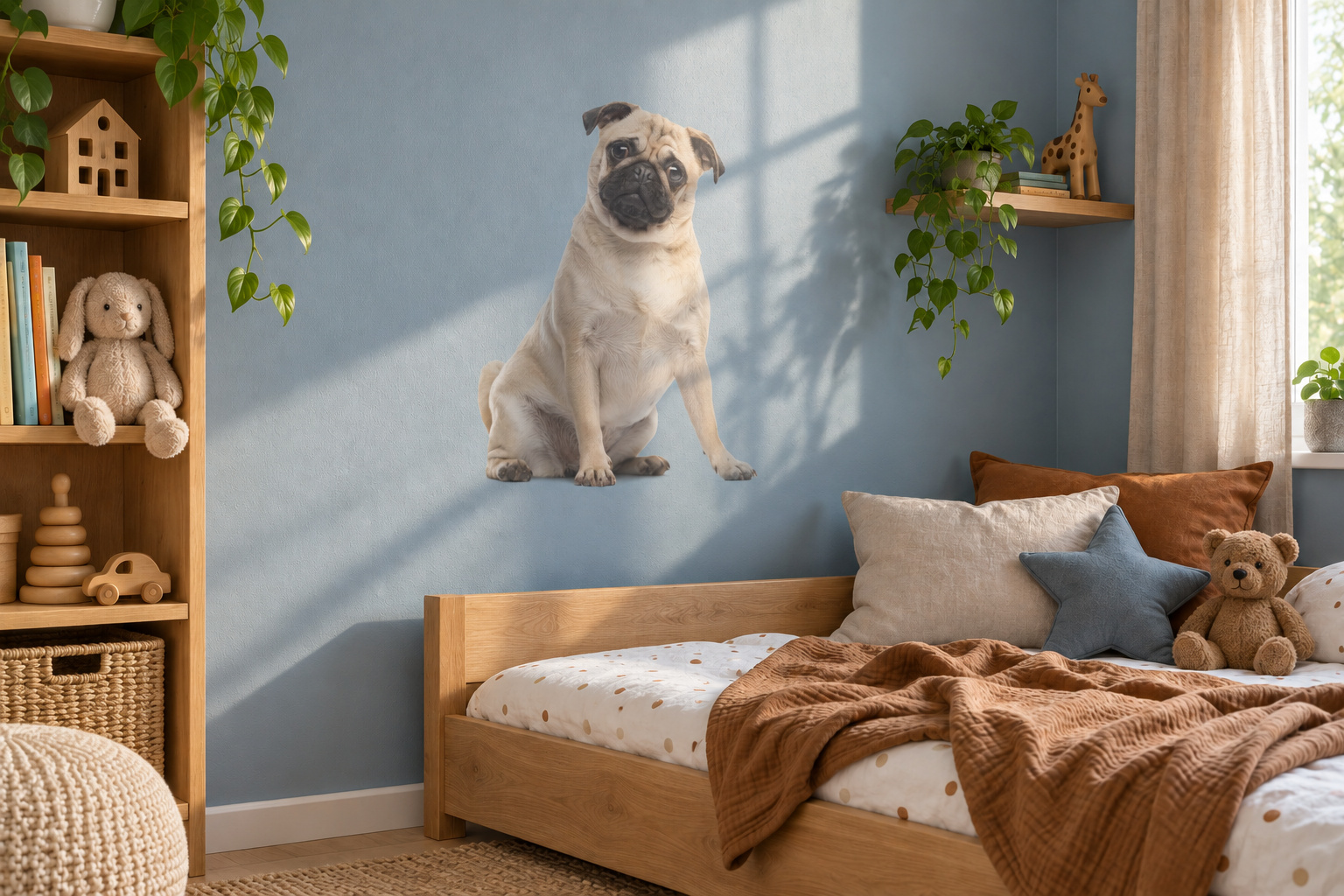 Muursticker lief mopshondje, in de vorm van het dier uitgesneden en zonder witte rand, op een lichtblauwe muur in een kinderkamer met houten meubels.