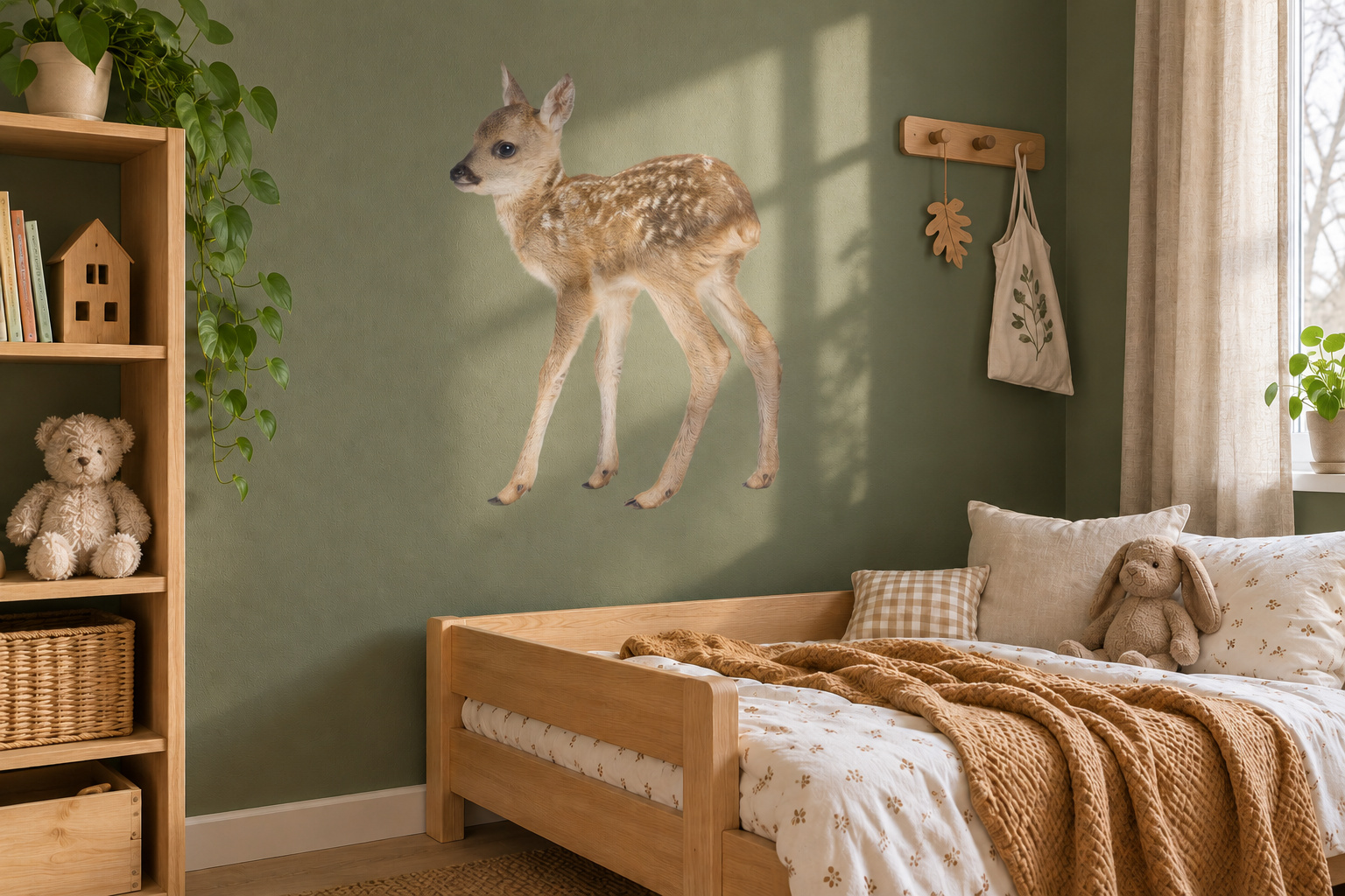 Muursticker staand hertje, in de vorm van het dier uitgesneden en zonder witte rand, op een olijfgroene muur in een kinderkamer met houten meubels.