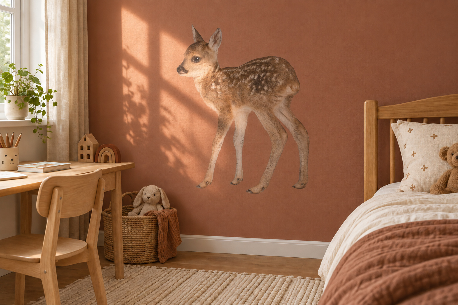 Muursticker staand hertje, in de vorm van het dier uitgesneden en zonder witte rand, op een terracottakleurige muur in een kinderkamer met houten meubels.