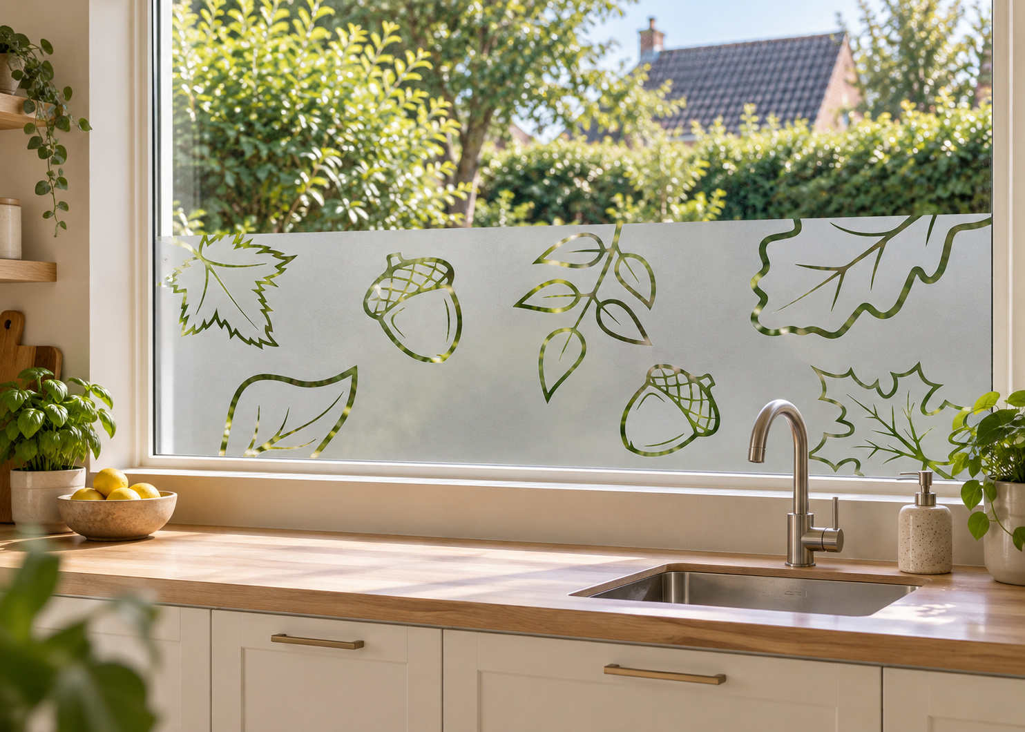 Raamfolie bladeren en eikeltjes (RFH104) als horizontale raamfolie boven het aanrecht in een keukenraam, met matte folie en doorkijk naar de tuin.