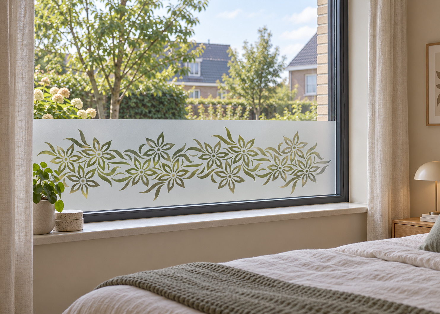 Raamfolie elegante bloemen (RFH101) als horizontale raamfolie boven de vensterbank in een slaapkamerraam, met matte folie en doorkijk naar de tuin.