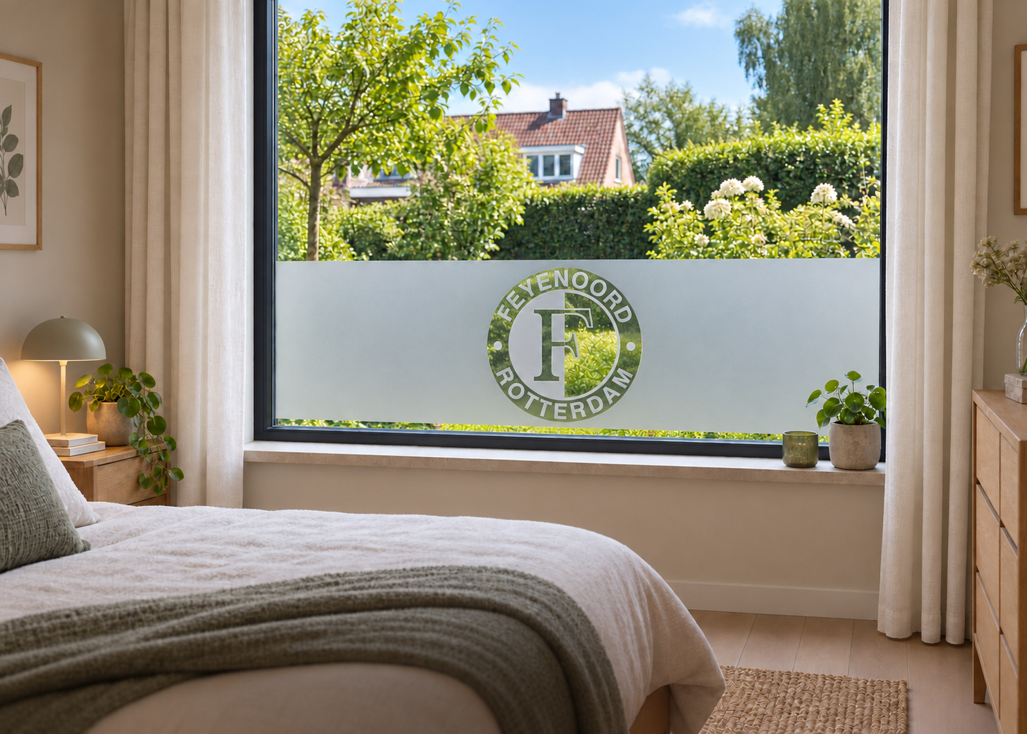 Raamfolie Feyenoord logo (RFH039) als horizontale raamfolie boven de vensterbank in een slaapkamerraam, met matte folie en doorkijk naar de tuin.
