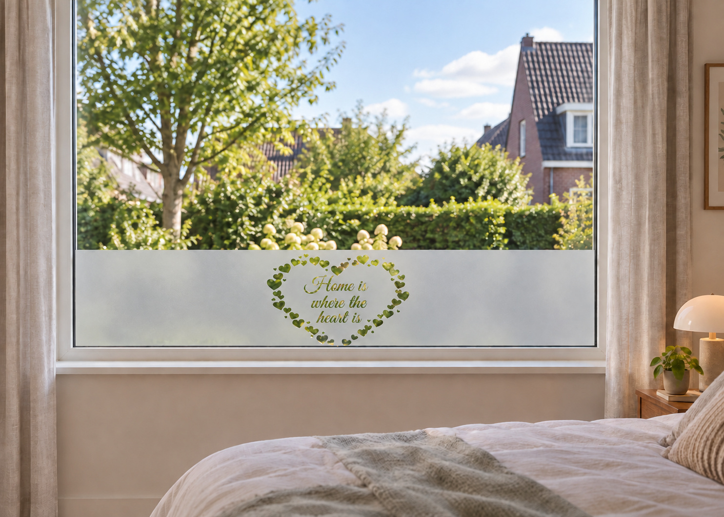 Raamfolie hartjes (RFH022) als horizontale raamfolie boven de vensterbank in een slaapkamerraam, met matte folie en doorkijk naar de tuin.