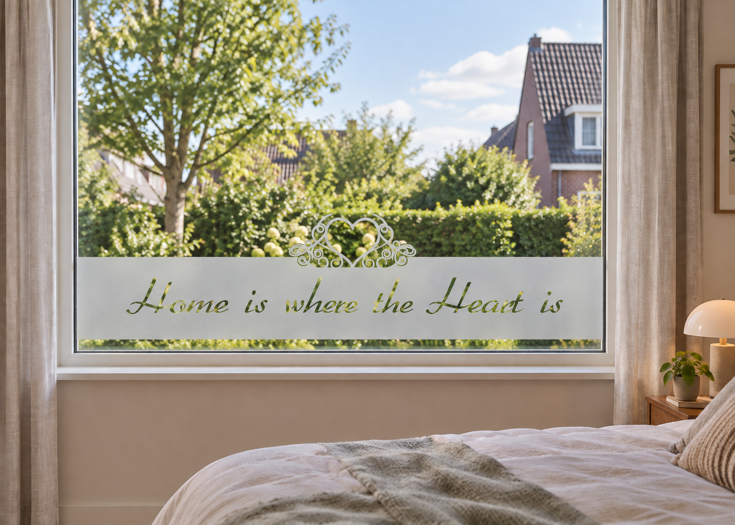 Raamfolie Home is where the Heart is (RFH027) als horizontale raamfolie boven de vensterbank in een slaapkamerraam, met matte folie en doorkijk naar de tuin.