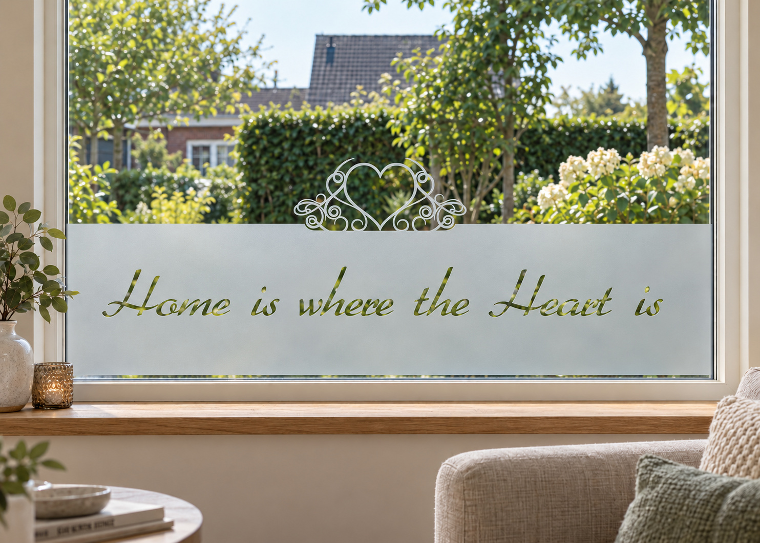 Raamfolie Home is where the Heart is (RFH027) als horizontale raamfolie boven de vensterbank in een woonkamerraam, met matte folie en doorkijk naar de tuin.