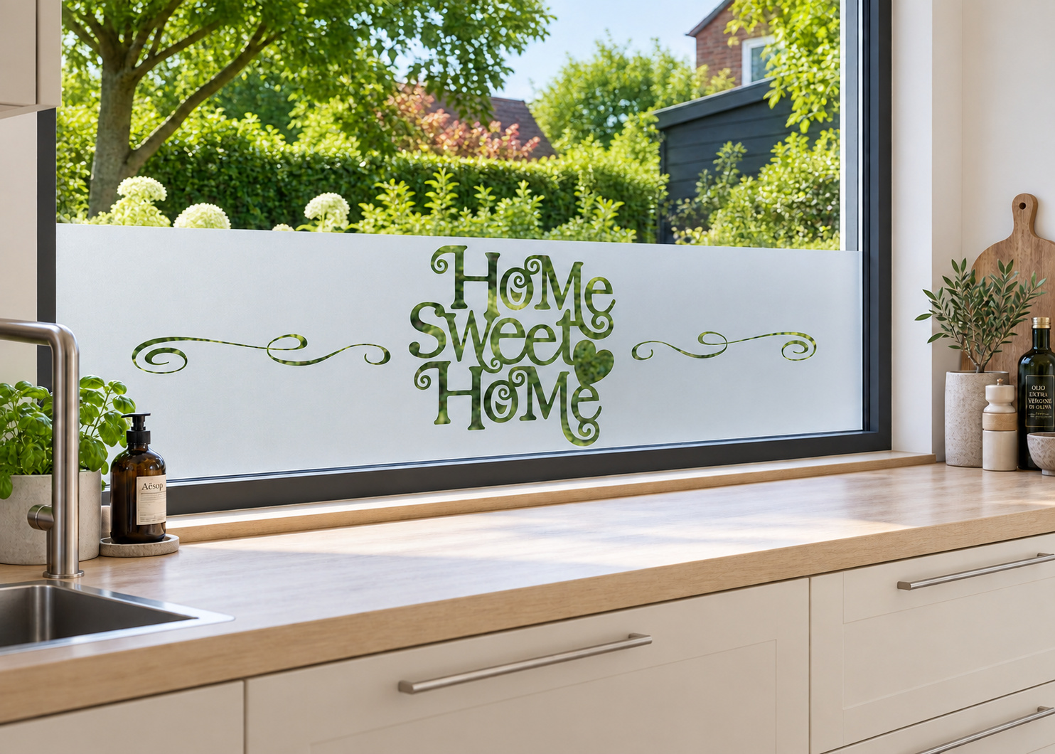 Raamfolie home sweet home klassiek (RFH037) als horizontale raamfolie boven het aanrecht in een keukenraam, met matte folie en doorkijk naar de tuin.