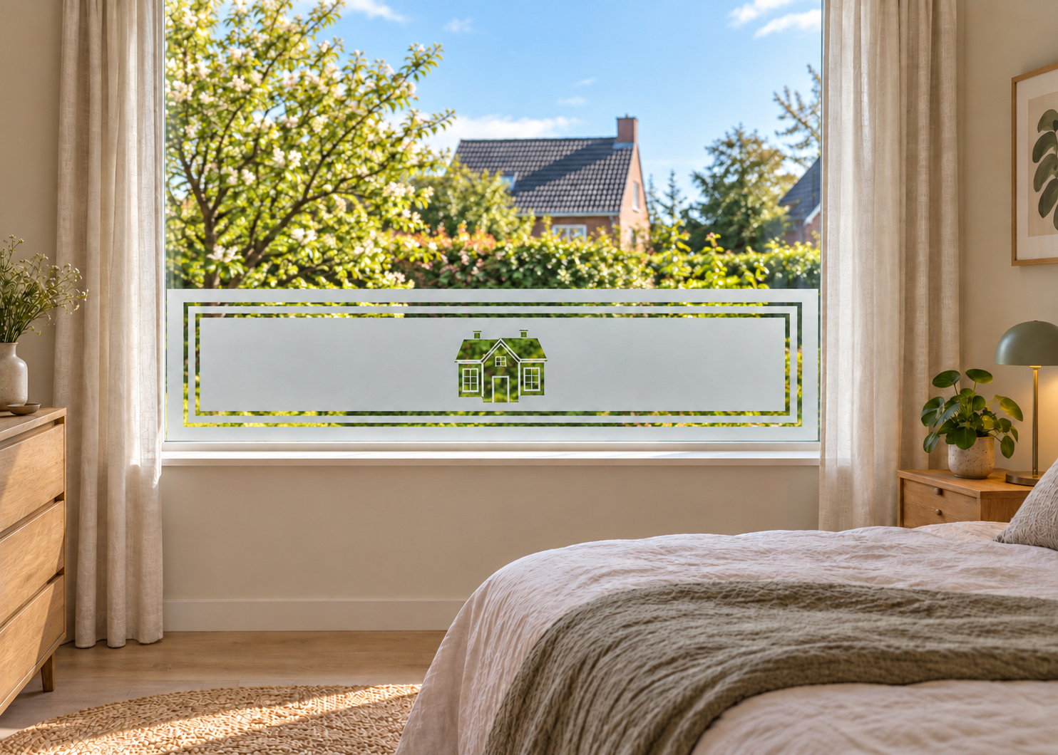 Raamfolie huisje met strak kader (RFH043) als horizontale raamfolie boven de vensterbank in een slaapkamerraam, met matte folie en doorkijk naar de tuin.