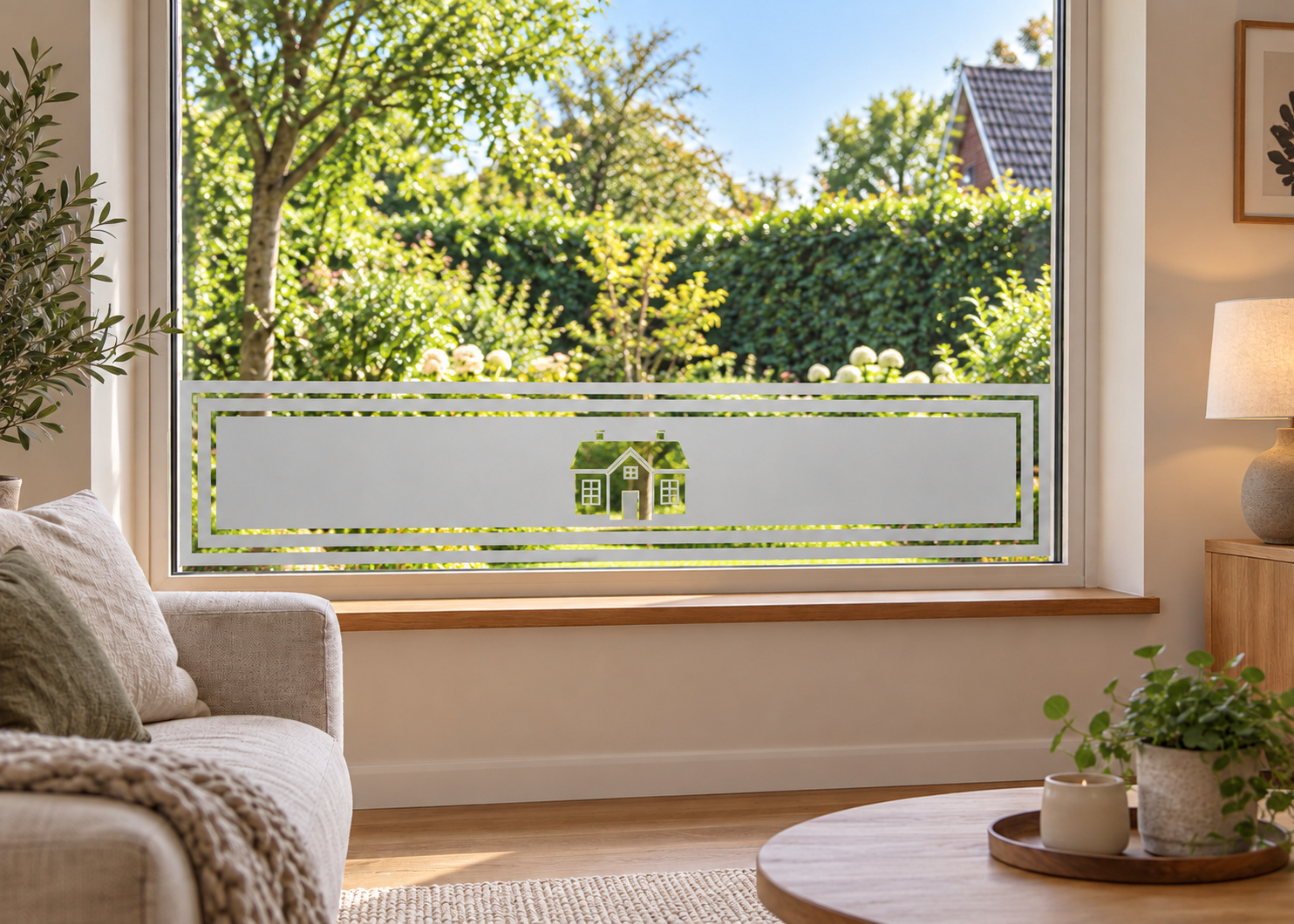 Raamfolie huisje met strak kader (RFH043) als horizontale raamfolie boven de vensterbank in een woonkamerraam, met matte folie en doorkijk naar de tuin.