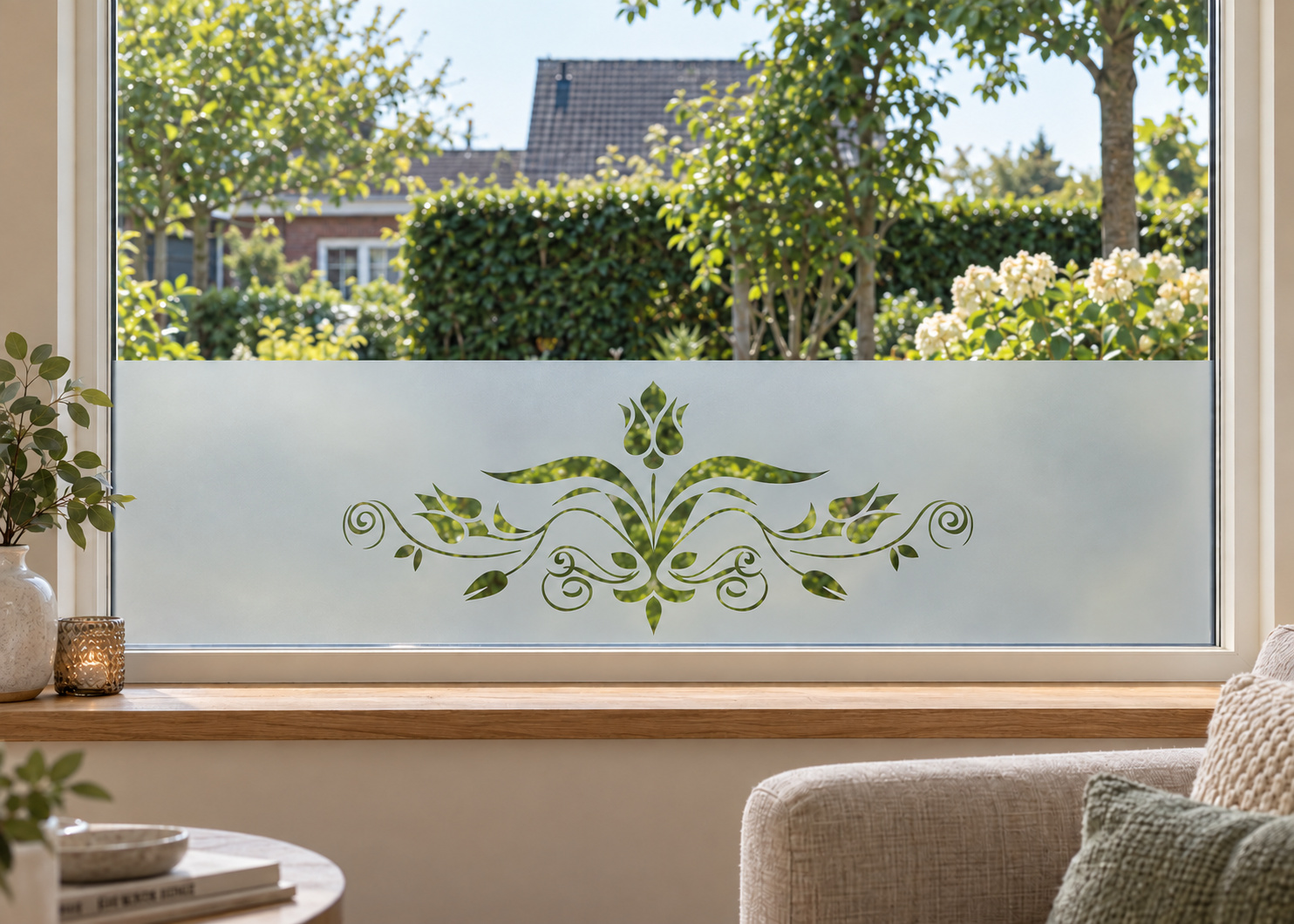 Raamfolie in klassieke stijl met bloem ornament (RFH015) als horizontale raamfolie boven de vensterbank in een woonkamerraam, met matte folie en doorkijk naar de tuin.