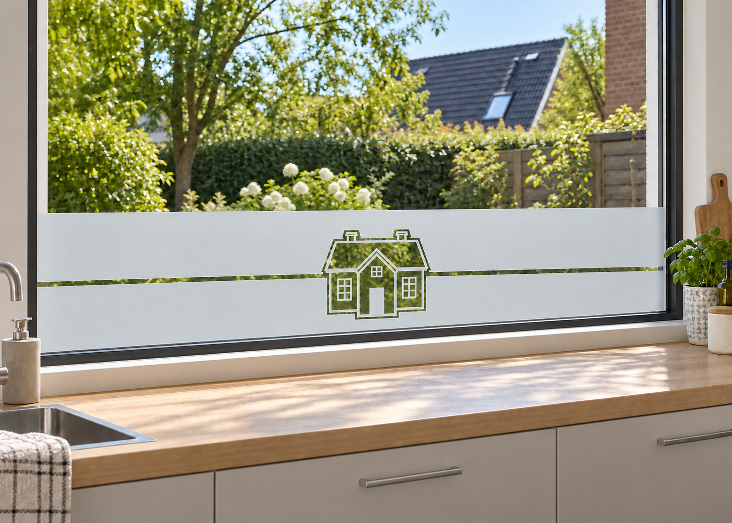 Raamfolie in strakke landelijke stijl (RFH014) als horizontale raamfolie boven het aanrecht in een keukenraam, met matte folie en doorkijk naar de tuin.