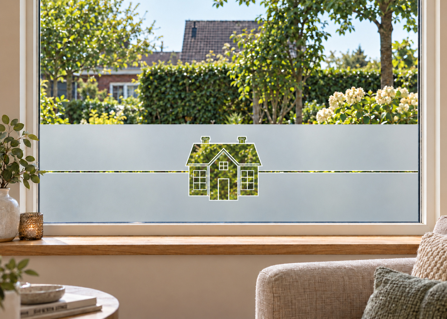 Raamfolie in strakke landelijke stijl (RFH014) als horizontale raamfolie boven de vensterbank in een woonkamerraam, met matte folie en doorkijk naar de tuin.
