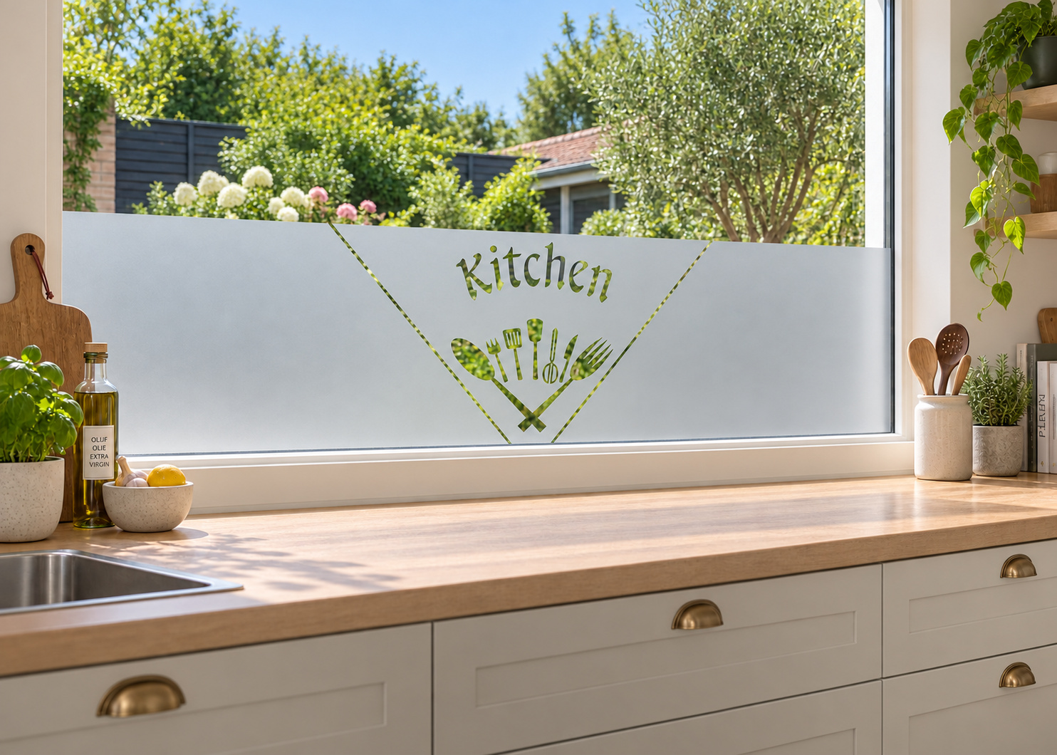 Raamfolie kitchen (RFH044) als horizontale raamfolie boven het aanrecht in een keukenraam, met matte folie en doorkijk naar de tuin.