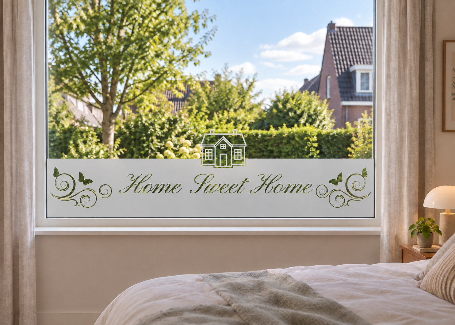Raamfolie klassiek - Home Sweet Home (RFH018) als horizontale raamfolie boven de vensterbank in een slaapkamerraam, met matte folie en doorkijk naar de tuin.