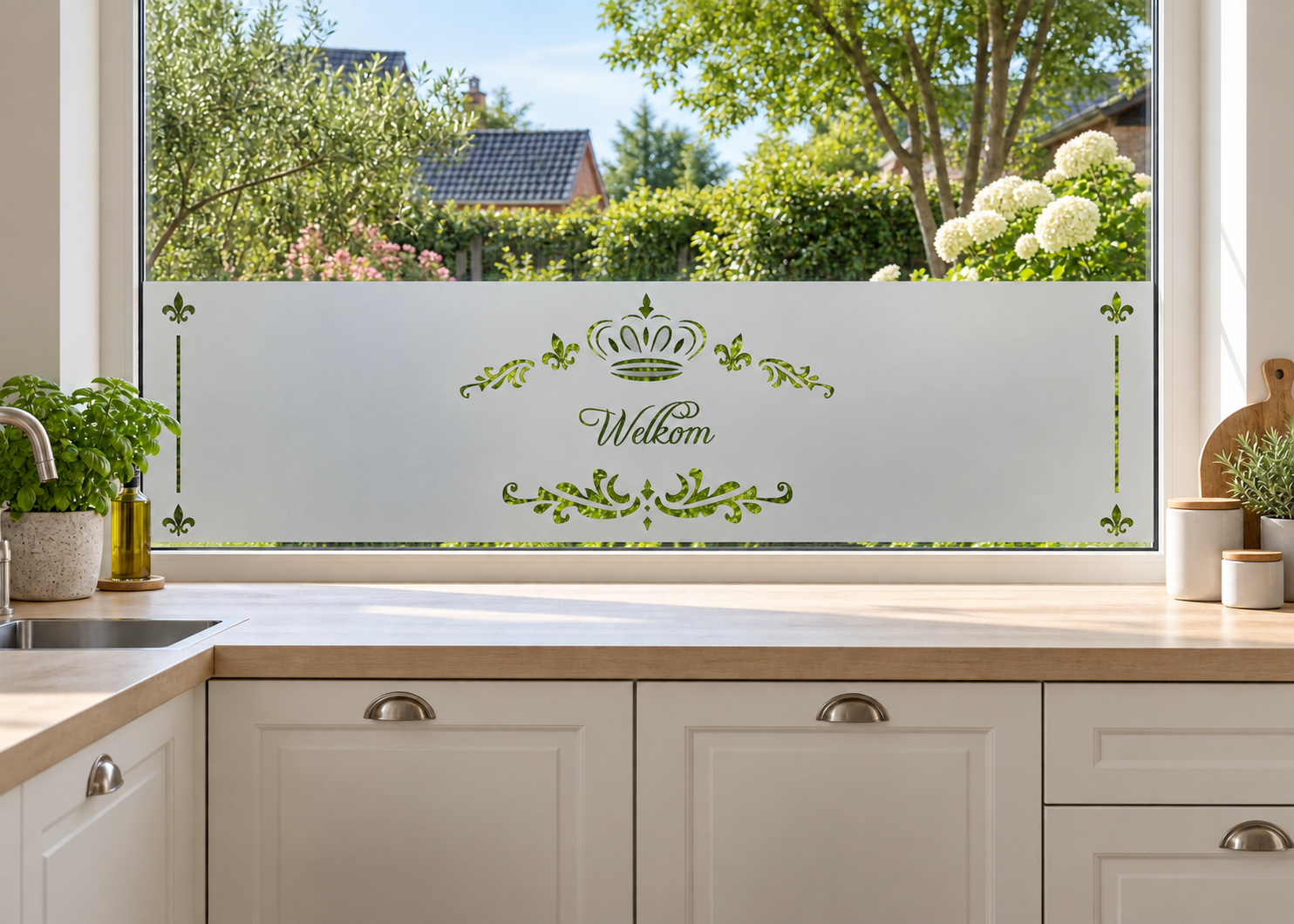 Raamfolie klassiek kroontje met tekst welkom (RFH047) als horizontale raamfolie boven het aanrecht in een keukenraam, met matte folie en doorkijk naar de tuin.
