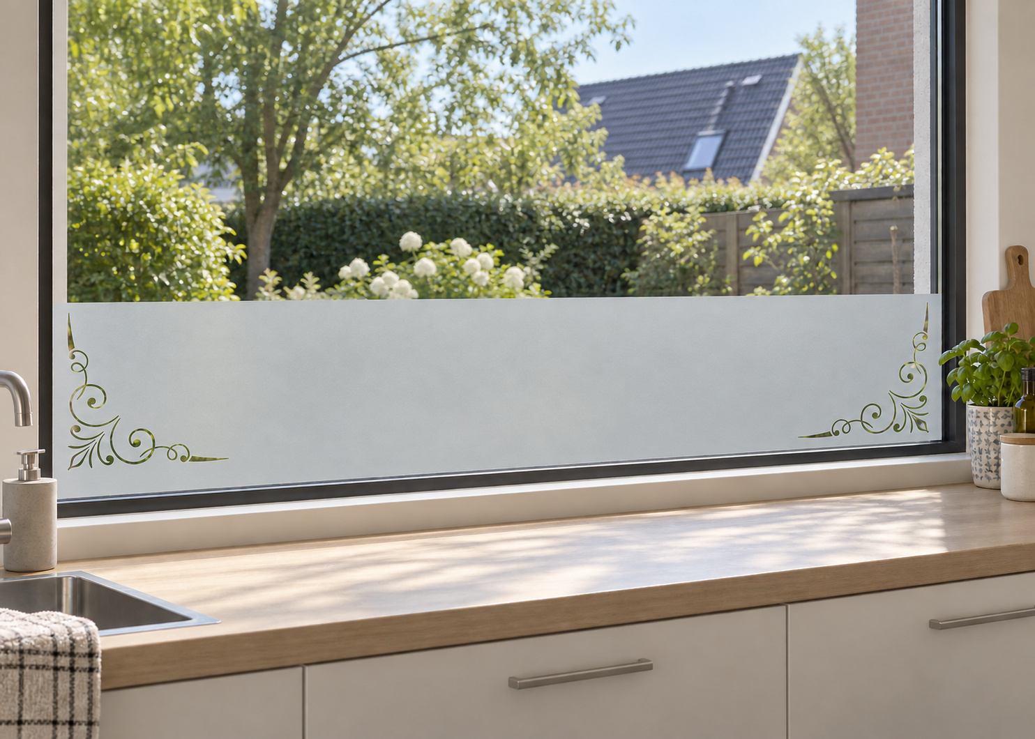 Raamfolie Klassieke elementen (RFH026) als horizontale raamfolie boven het aanrecht in een keukenraam, met matte folie en doorkijk naar de tuin.