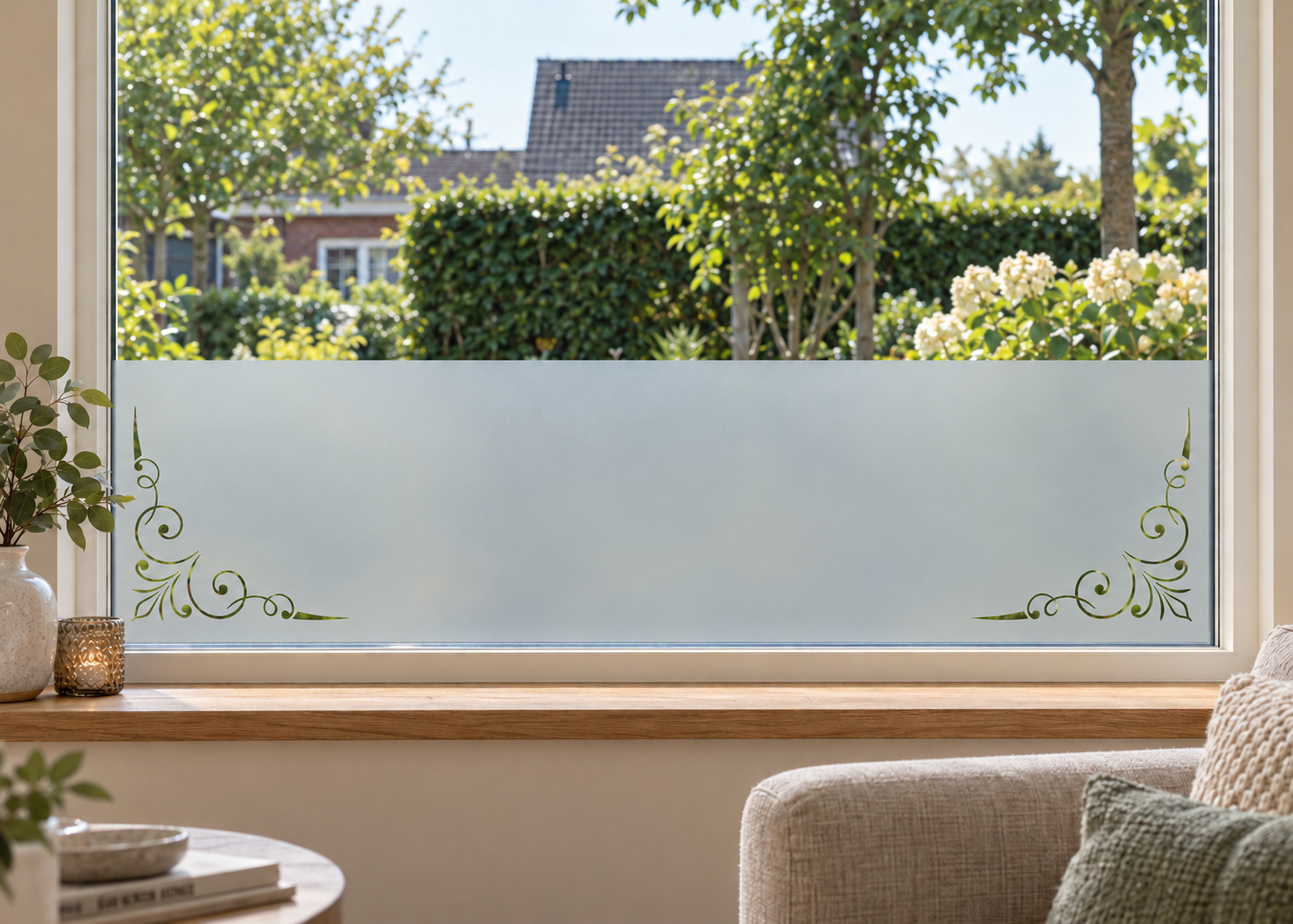 Raamfolie Klassieke elementen (RFH026) als horizontale raamfolie boven de vensterbank in een woonkamerraam, met matte folie en doorkijk naar de tuin.