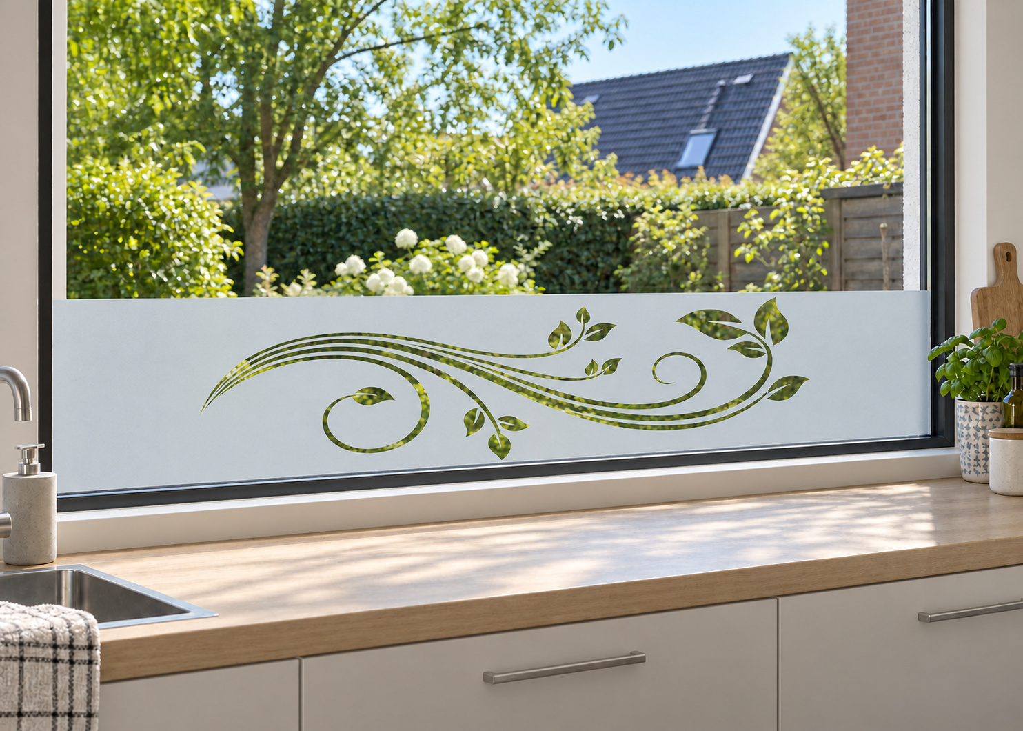 Raamfolie Lente (RFH023) als horizontale raamfolie boven het aanrecht in een keukenraam, met matte folie en doorkijk naar de tuin.