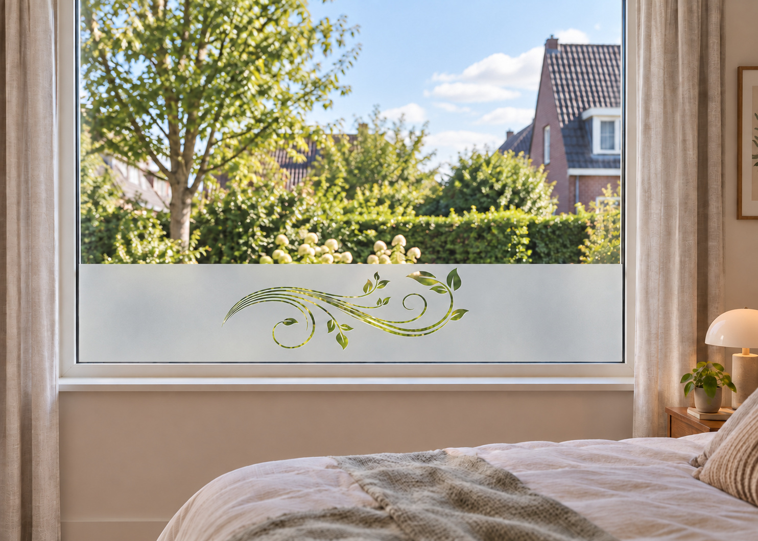 Raamfolie Lente (RFH023) als horizontale raamfolie boven de vensterbank in een slaapkamerraam, met matte folie en doorkijk naar de tuin.