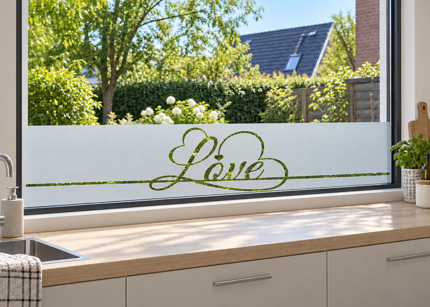 Raamfolie Love (RFH006) als horizontale raamfolie boven het aanrecht in een keukenraam, met matte folie en doorkijk naar de tuin.